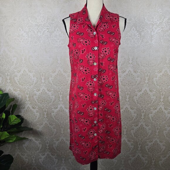 Coldwater Creek Size Small Red Bandana Print Shirt Dress Sleeveless Linen Blend - Picture 1 of 15